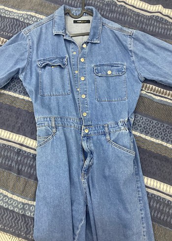 Düğmeli Mavi Kadın Denim Tulum - Görsel 3