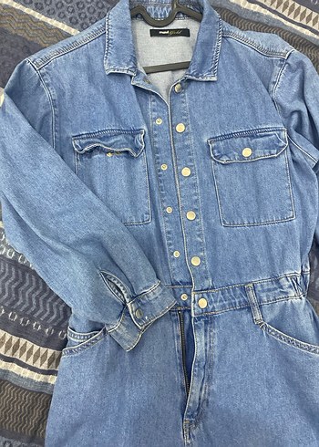 Düğmeli Mavi Kadın Denim Tulum - Görsel 2