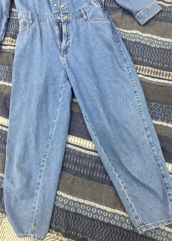 Düğmeli Mavi Kadın Denim Tulum - Görsel 4