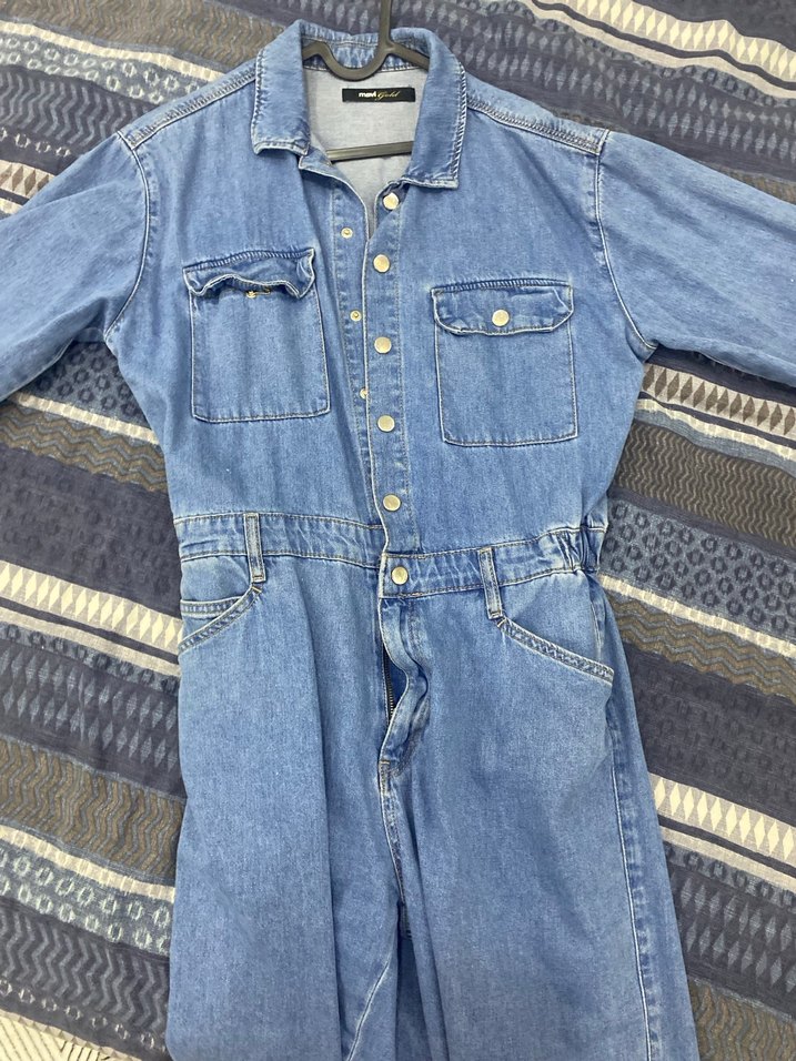 Düğmeli Mavi Kadın Denim Tulum - Görsel 3