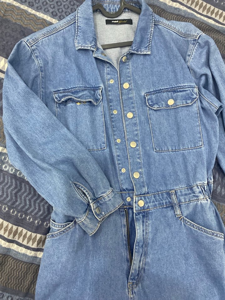 Düğmeli Mavi Kadın Denim Tulum - Görsel 2