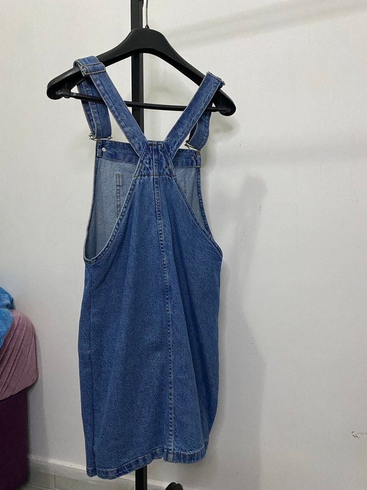 Kadın Mavi Denim Kısa Salopet - Görsel 2