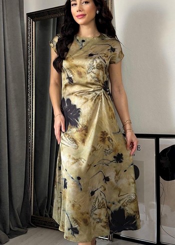 Bej Drapeli Vintage Uzun Elbise - Görsel 2