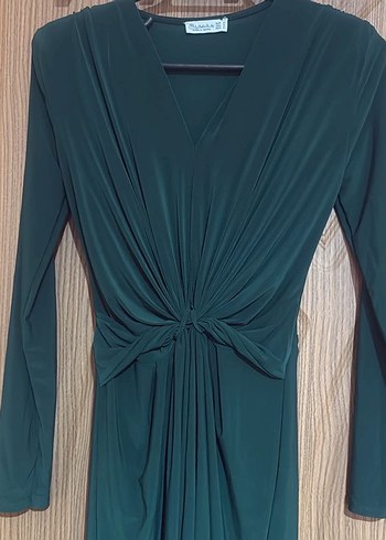 Uzun Kollu V Yakalı Drapeli Yeşil Elbise - Görsel 5