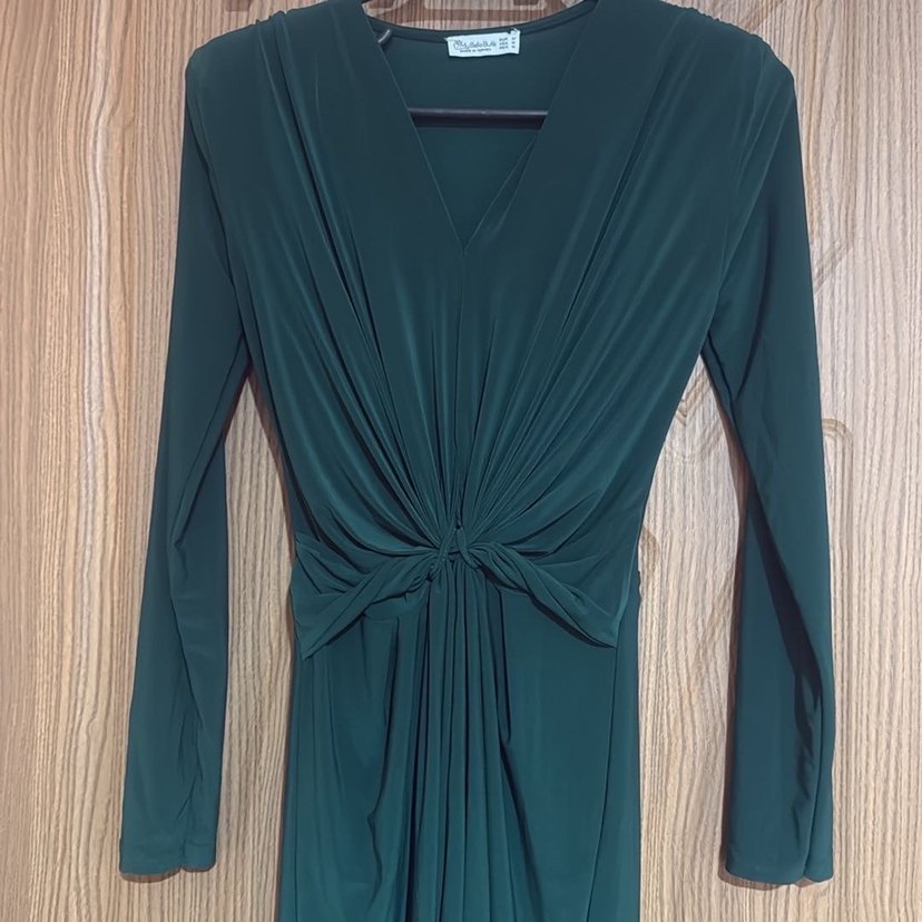 Uzun Kollu V Yakalı Drapeli Yeşil Elbise - Görsel 5