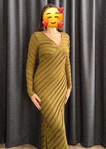 V Yaka Pilili Uzun Haki Kadın Elbise - Görsel 2