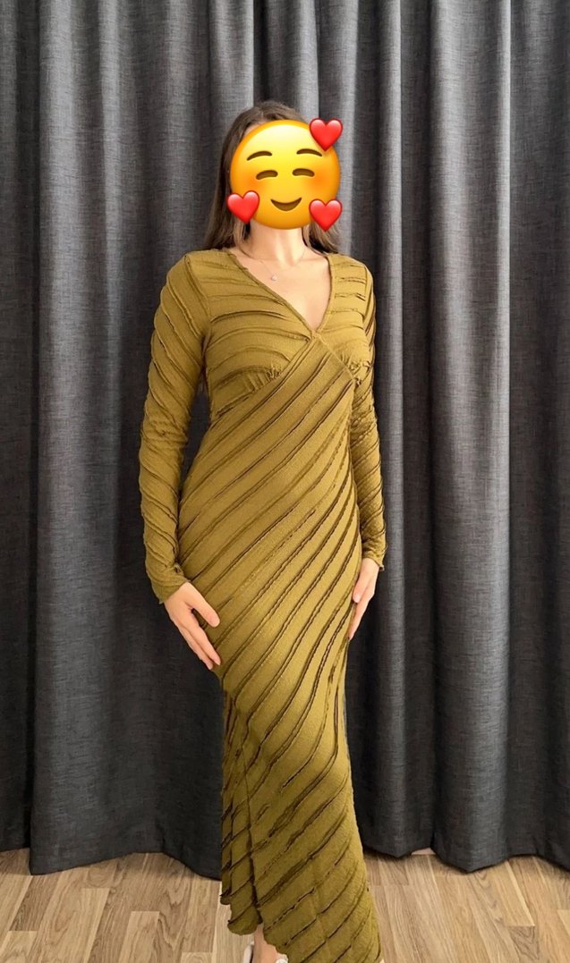 V Yaka Pilili Uzun Haki Kadın Elbise - Görsel 2