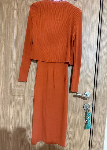 Düğmeli Uzun Kollu Kahverengi Triko Elbise - Görsel 3