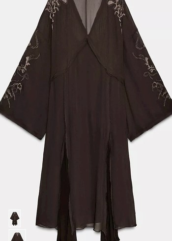 Uzun Kollu Kahverengi Nakışlı Bohem zara elbise - Görsel 2