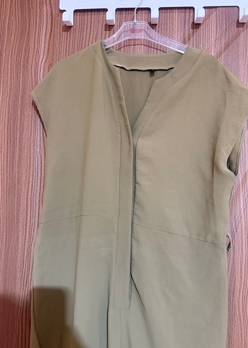 Kadın Keten V Yaka Haki Tulum - Görsel 2