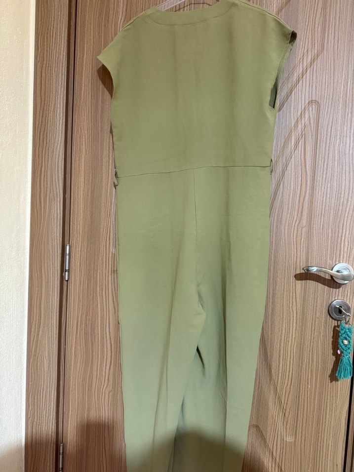 Kadın Keten V Yaka Haki Tulum - Görsel 3