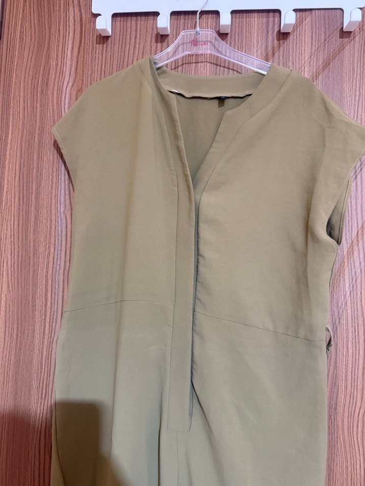 Kadın Keten V Yaka Haki Tulum - Görsel 2