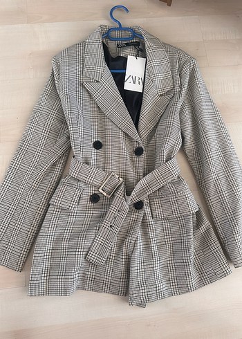 Zara Ekose Desenli Gri Kadın Blazer Ceket