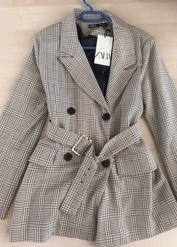 m Beden Zara Ekose Desenli Gri Kadın Blazer Ceket