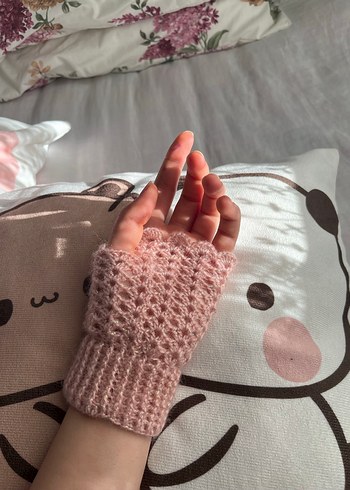 Dantel Detaylı Pembe Örgü Eldiven - Görsel 4