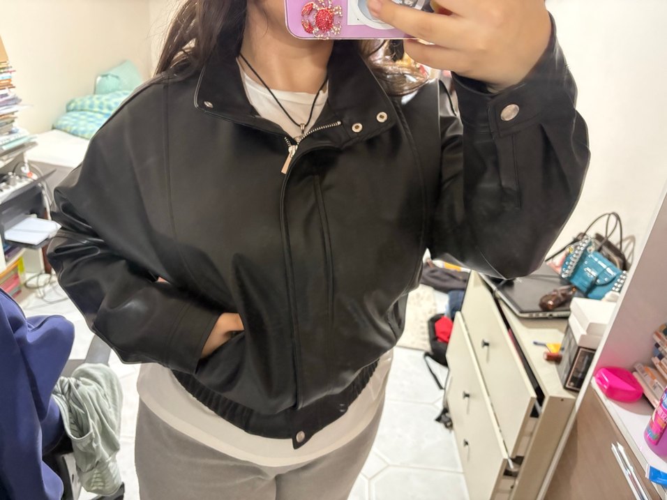 Düğmeli Siyah Deri Kadın Ceket - Görsel 3