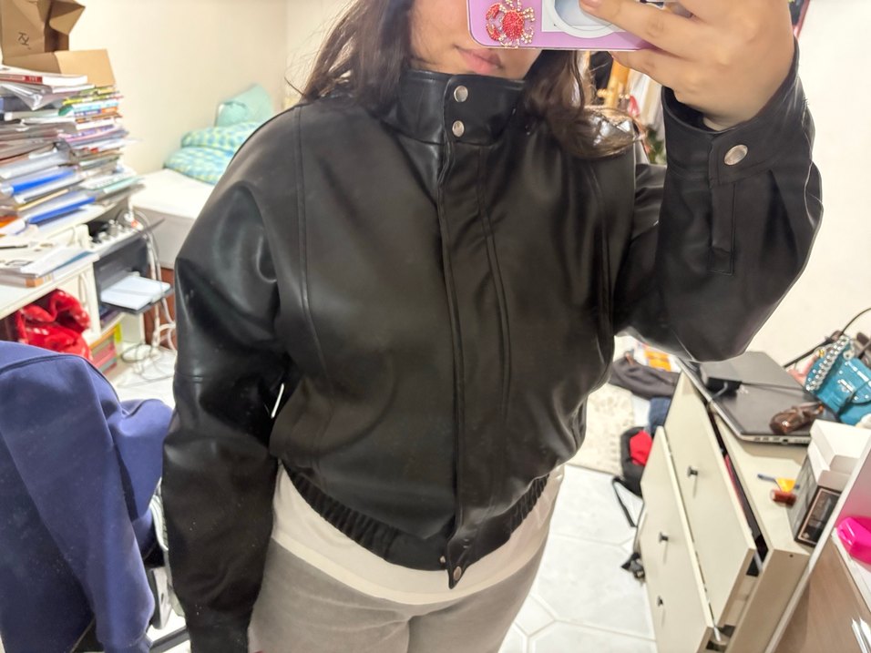 Düğmeli Siyah Deri Kadın Ceket - Görsel 4