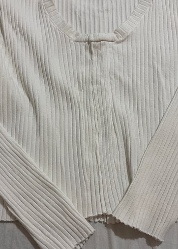 Düğmeli Beyaz Kadın Keten Kazak - Görsel 2