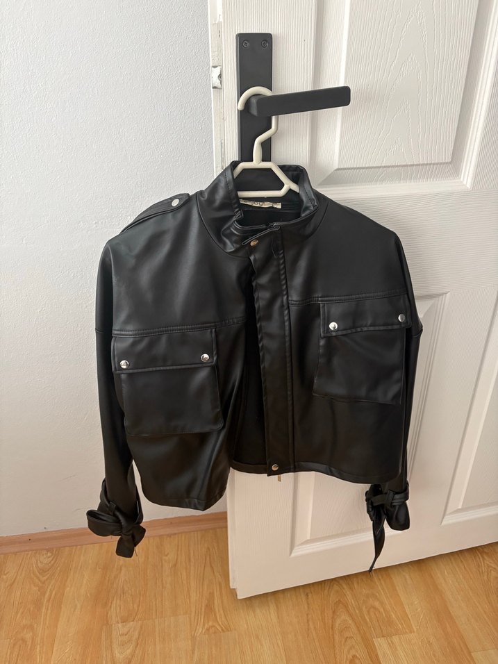 Kadın Siyah Deri Biker Ceket - Görsel 2