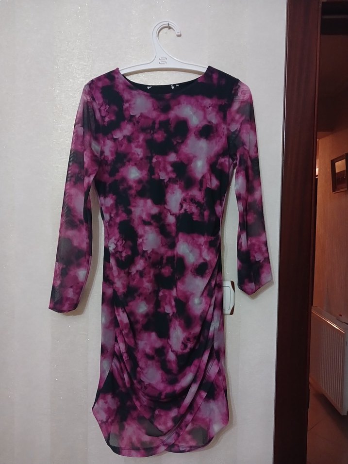 Mor Batik Desenli Uzun Kollu Kadın Elbise - Görsel 3