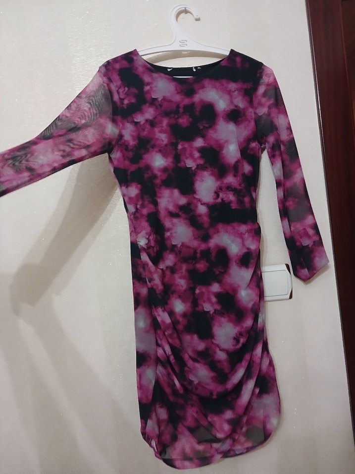 Mor Batik Desenli Uzun Kollu Kadın Elbise - Görsel 2