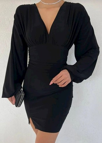 Siyah Drapeli Mini Elbise V Yakalı - Görsel 2