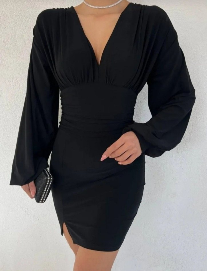 Siyah Drapeli Mini Elbise V Yakalı - Görsel 2