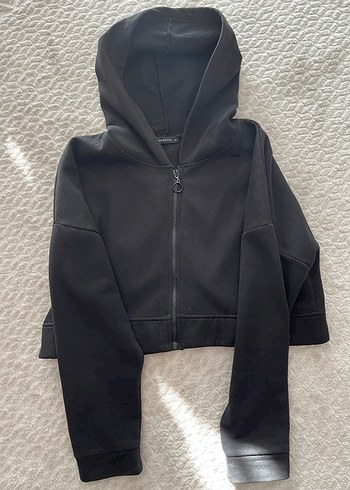 Kadın Siyah Crop Fermuarlı Sweatshirt - Görsel 2