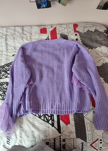 Trendyolmilla Mor Volan Tül Detaylı Örgü Kadın Kazak - Görsel 6