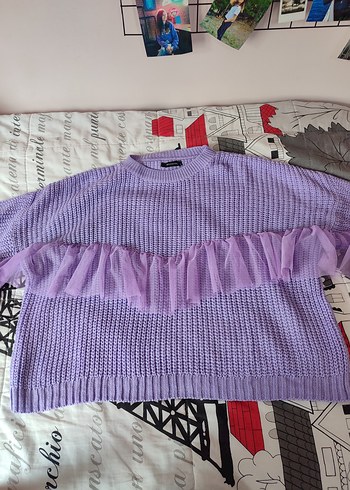 Trendyolmilla Mor Volan Tül Detaylı Örgü Kadın Kazak - Görsel 5