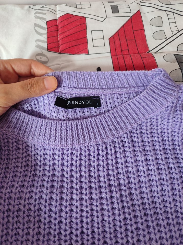 Trendyolmilla Mor Volan Tül Detaylı Örgü Kadın Kazak - Görsel 4