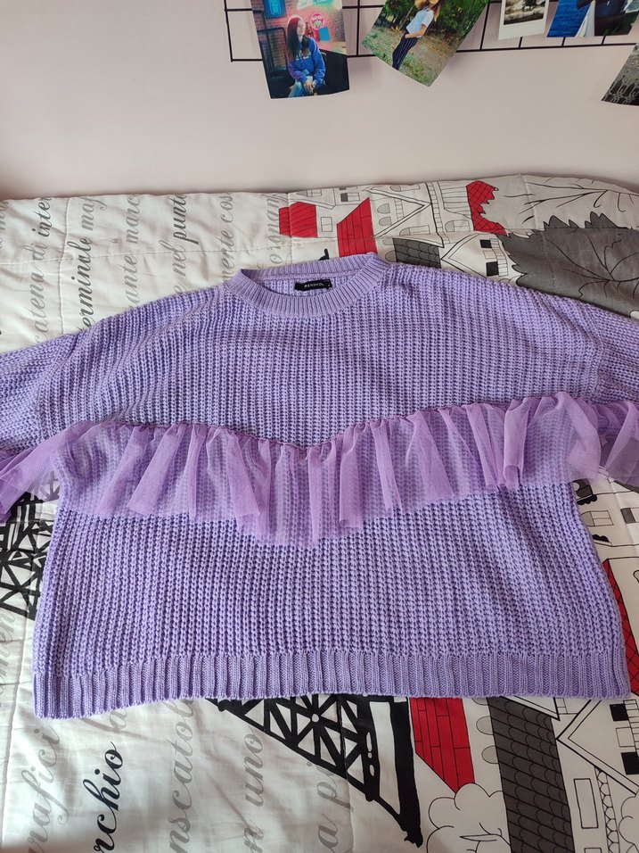 Trendyolmilla Mor Volan Tül Detaylı Örgü Kadın Kazak - Görsel 5