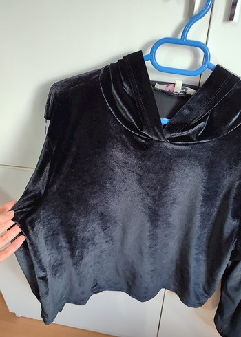 KOTON Siyah Kadın Uzun Kollu Kapüşonlu Kadife Sweatshirt - Görsel 5