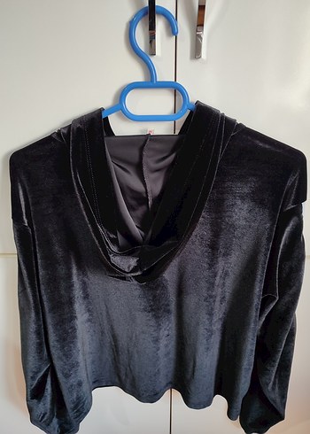 KOTON Siyah Kadın Uzun Kollu Kapüşonlu Kadife Sweatshirt - Görsel 7