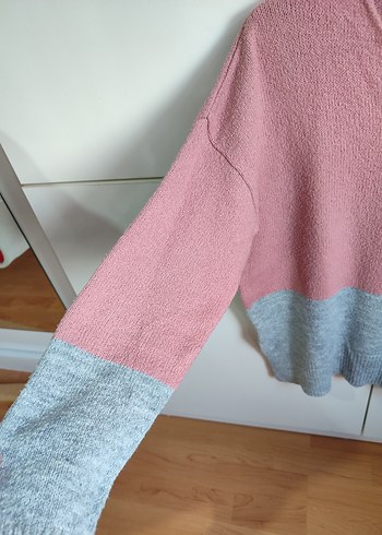 Pembe Gri V Yaka Örgü Kadın Kazak - Görsel 2