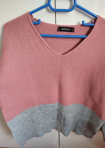 Pembe Gri V Yaka Örgü Kadın Kazak - Görsel 6