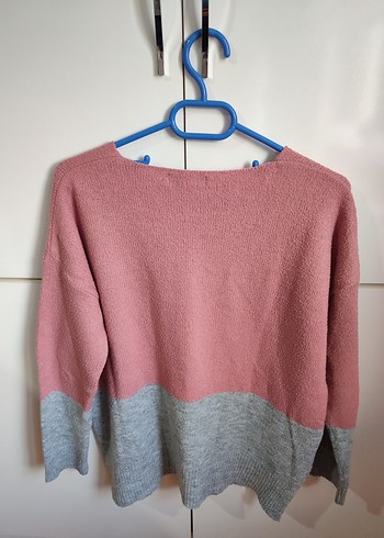 Pembe Gri V Yaka Örgü Kadın Kazak - Görsel 7