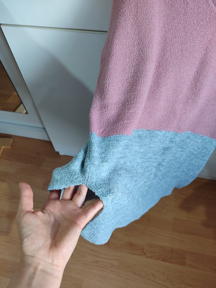 Pembe Gri V Yaka Örgü Kadın Kazak - Görsel 4