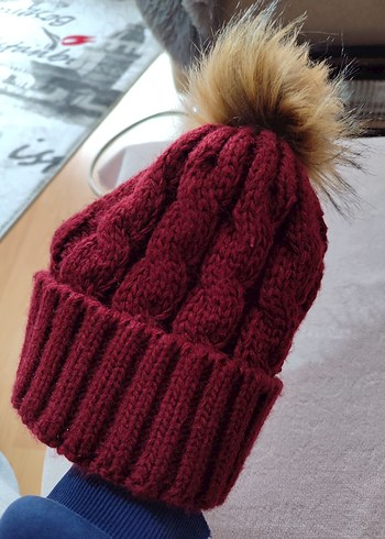 Bordo Örgü Kadın Bere Ponponlu - Görsel 3