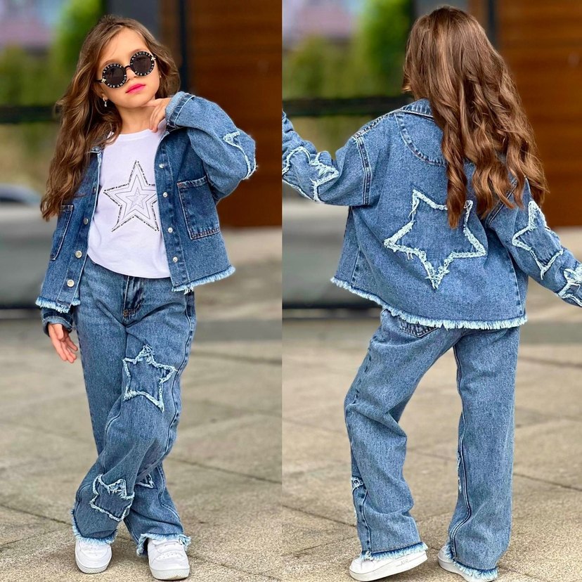 Kız Çocuk Payetli Yıldız Desenli Bol Kesim Kot Ceket ve Pantolon - Görsel 2