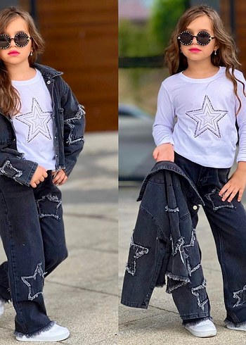 Kız Çocuk Siyah Yıldız Desenli Denim Takım - Görsel 2