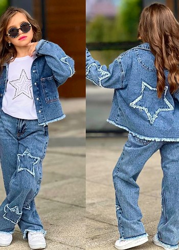 Kız Çocuk Payetli Yıldız Desenli Bol Kesim Kot Ceket ve Pantolon - Görsel 2