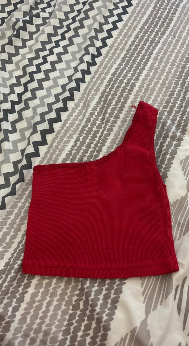 Kırmızı Tek Omuz Örgü Crop Top - Görsel 2