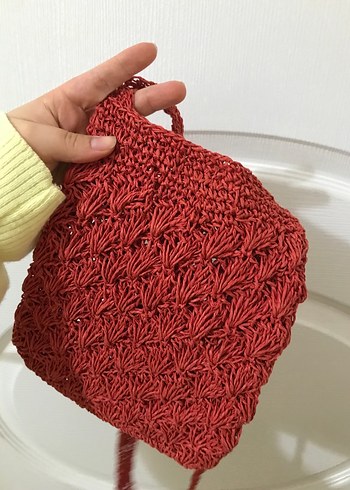 Kırmızı Örgü Bohem Kadın Çanta - Görsel 2