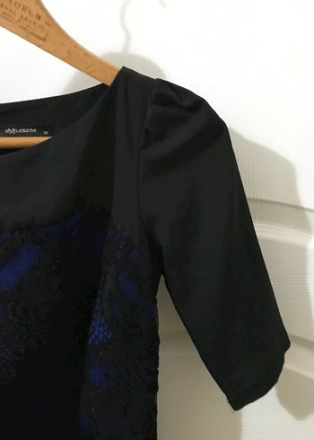 Mavi Siyah Bağlama Desenli Kısa Kollu Midi Elbise - Görsel 3