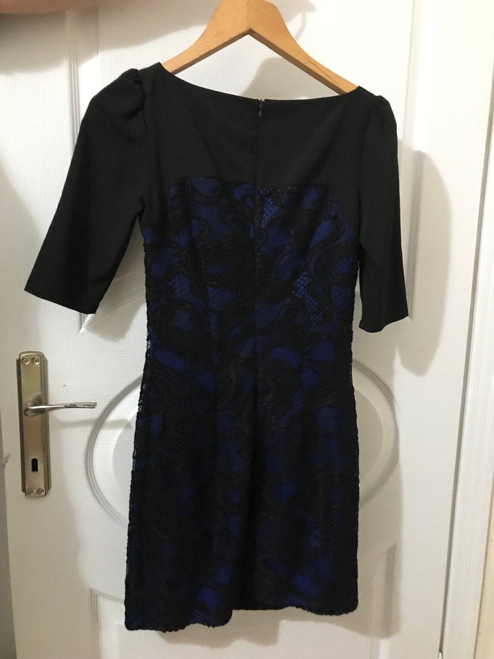 Mavi Siyah Bağlama Desenli Kısa Kollu Midi Elbise - Görsel 2