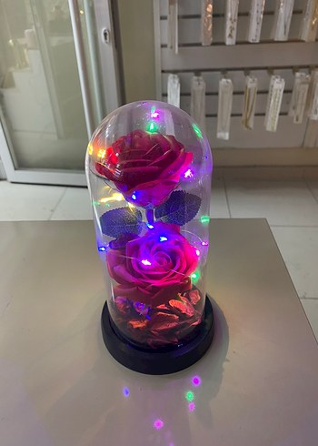 Kırmızı renk çift güllü cam fanus büyük boy - Görsel 3