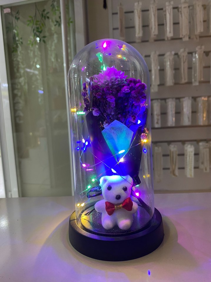 Mor Çiçek ve Ayıcıklı Dekoratif Fanus büyük boy - Görsel 2