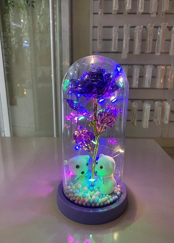 Renkli Işıklı Ayıcıklar ve Gül Dekorasyonulu cam fanus büyük boy - Görsel 2