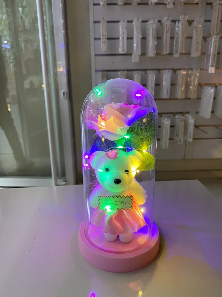 Renkli Işıklı Ayıcık ve Gül Dekorasyonulu cam fanus büyük boy - Görsel 2